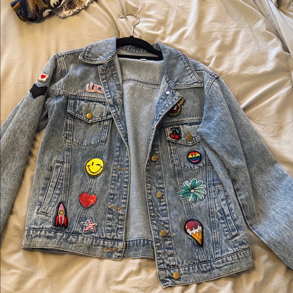 Honey Punch Blue Jean Jacket with Colorful Patches